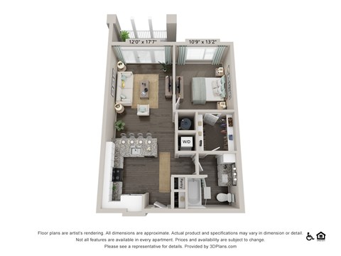 Floor plan for 1 bed, 1 bath, 746 sqft